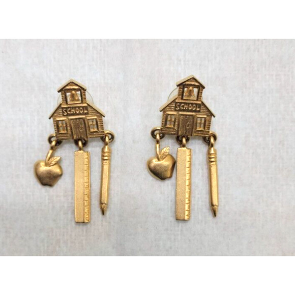JJ Jonette Shiny Gold School House Hanging Charms Brooch x2 2"H x 1"W - Picture 2 of 3
